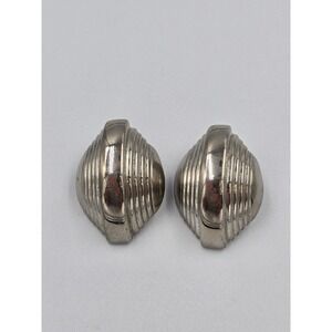 Vintage Ribbed Silver Tone Stud Earrings Art Deco Style Textured Shell Shape